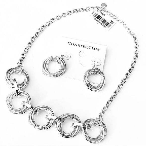 NWT Charter Club Beautiful Highly Polished Shinny Silver Necklace Earrings Set - Picture 1 of 17